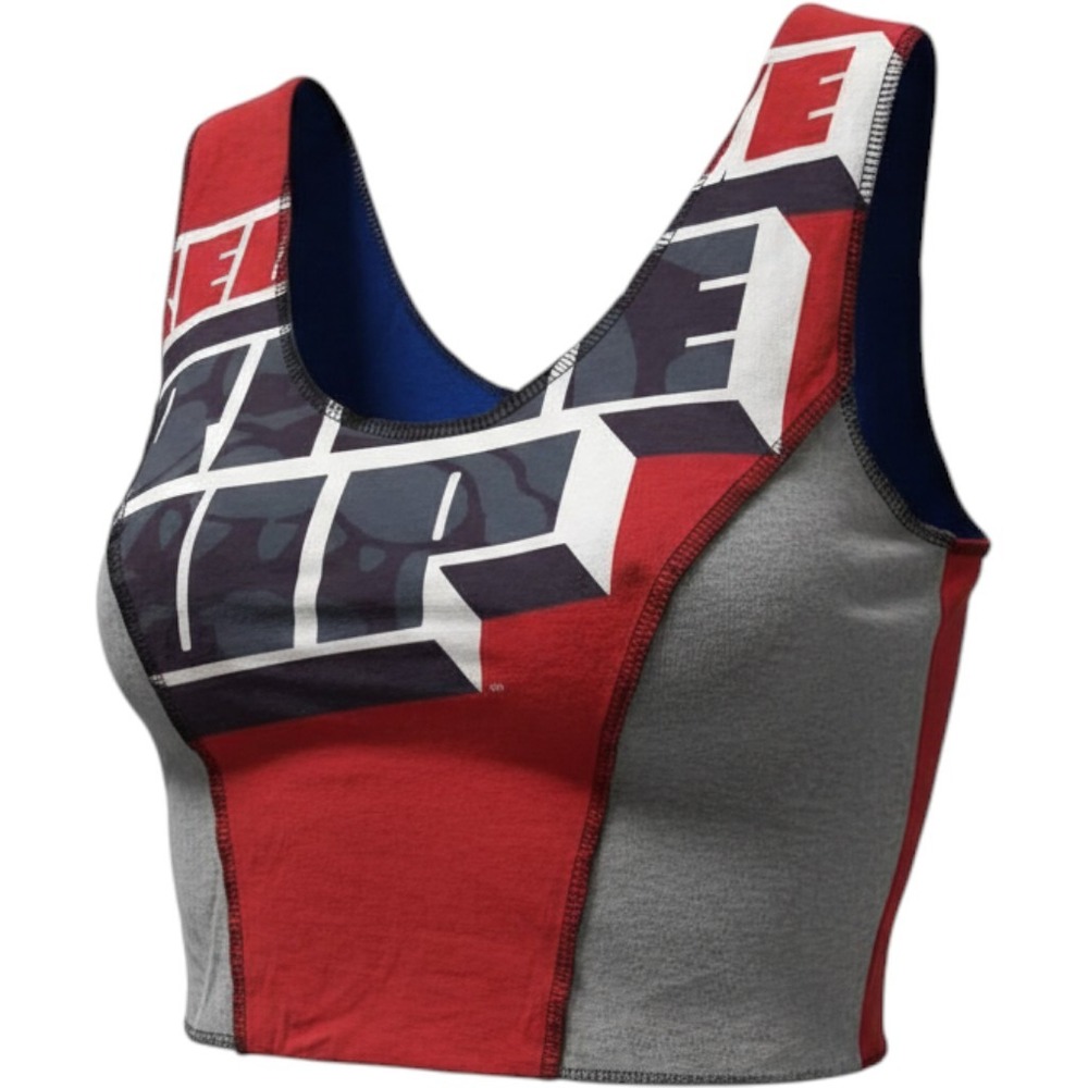 Custom Reworked Rise Up Colorblock Crop Top Red Blue Grey Large